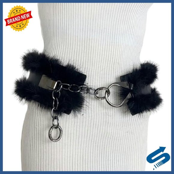 Faux Fur Leather Wide Belt Adjustable Chain Y2K Punk Grunge main image 4